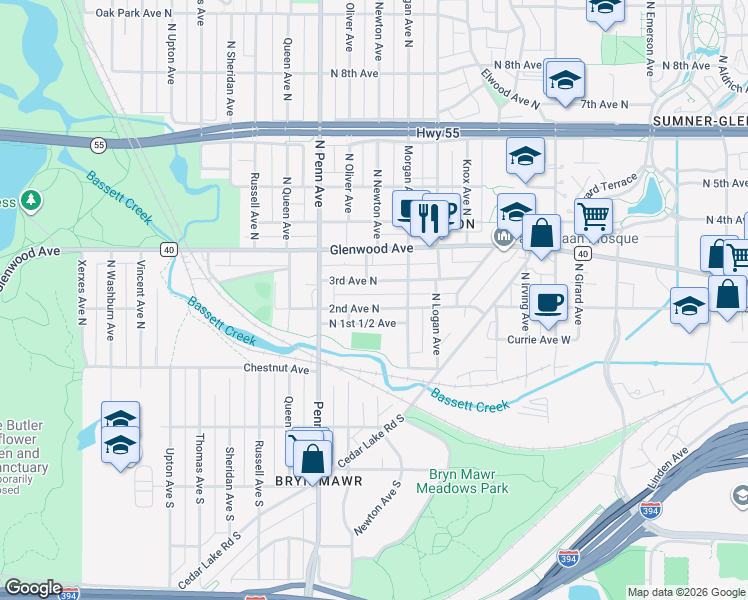 map of restaurants, bars, coffee shops, grocery stores, and more near 2000 2nd Avenue North in Minneapolis
