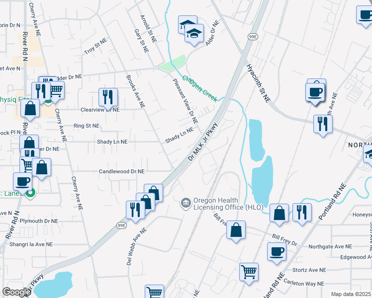 map of restaurants, bars, coffee shops, grocery stores, and more near 1484-1486 Rozilla Court Northeast in Keizer