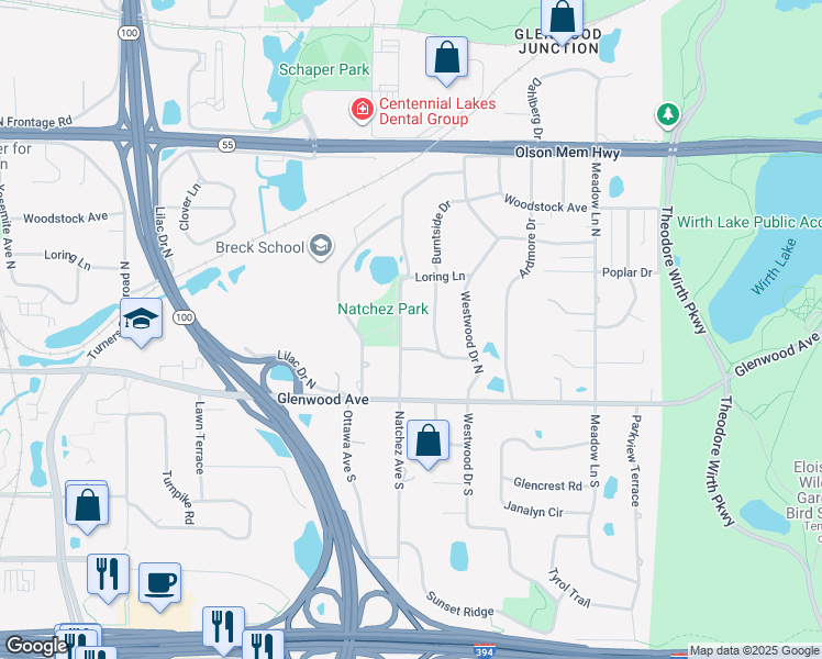 map of restaurants, bars, coffee shops, grocery stores, and more near 4620 Roanoke Road in Minneapolis