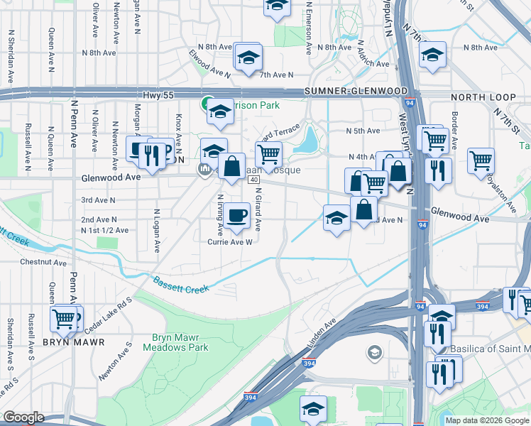 map of restaurants, bars, coffee shops, grocery stores, and more near 230 North Girard Avenue in Minneapolis
