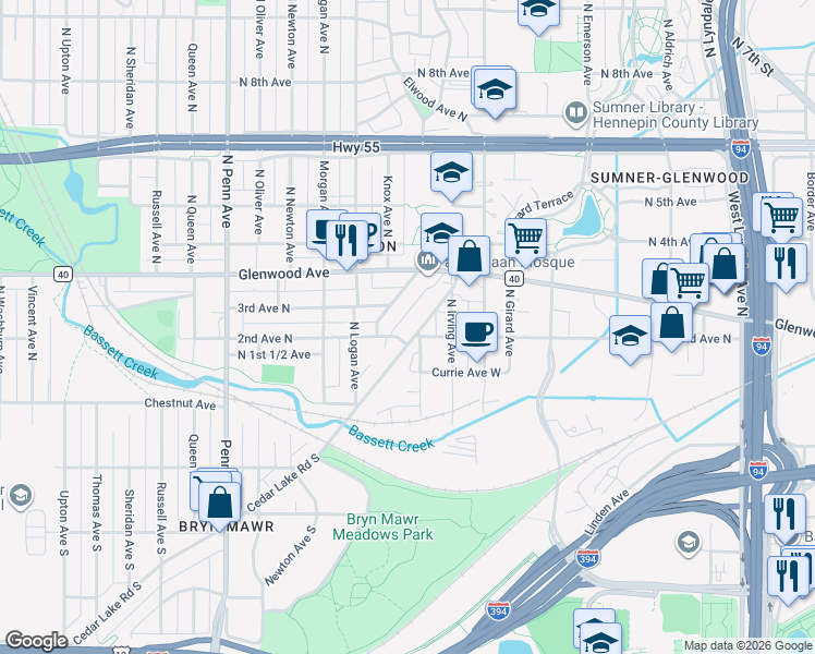 map of restaurants, bars, coffee shops, grocery stores, and more near 203 Cedar Lake Road North in Minneapolis