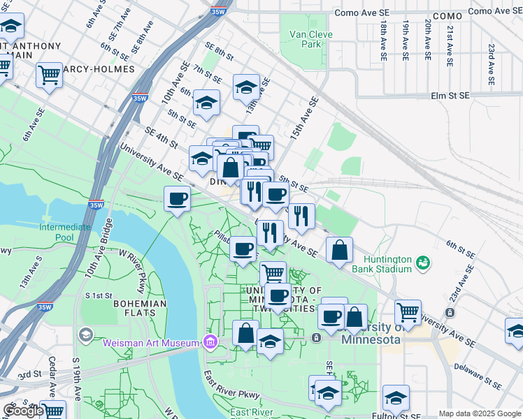map of restaurants, bars, coffee shops, grocery stores, and more near 1521 University Avenue Southeast in Minneapolis