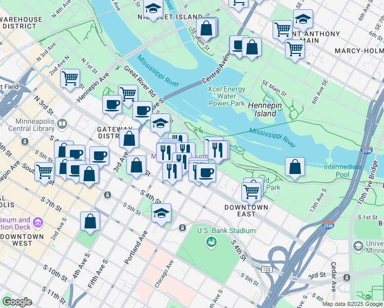 map of restaurants, bars, coffee shops, grocery stores, and more near Portland Ave & S 2nd St in Minneapolis