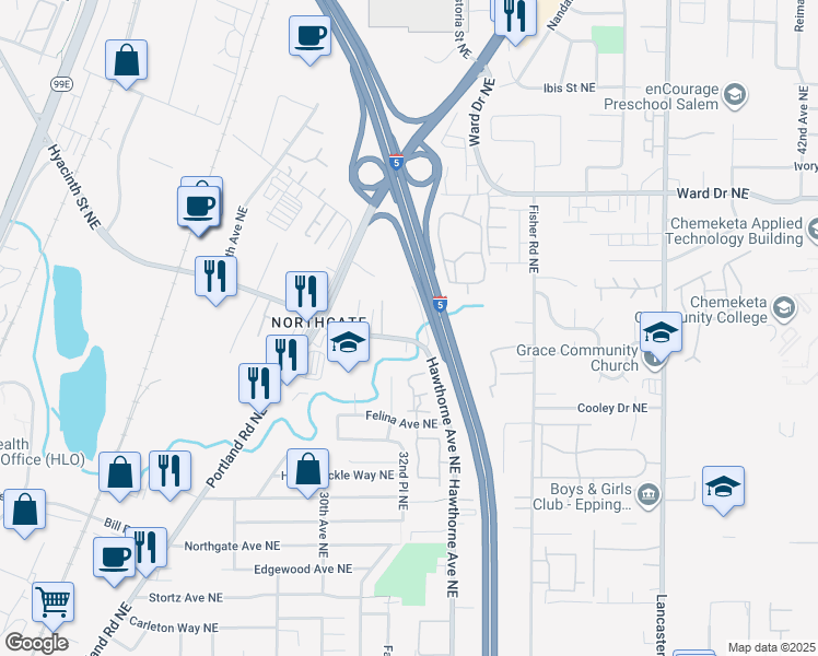 map of restaurants, bars, coffee shops, grocery stores, and more near 3252 Hyacinth Street Northeast in Salem