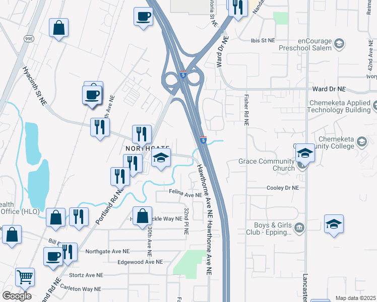 map of restaurants, bars, coffee shops, grocery stores, and more near 3252 Hyacinth Street Northeast in Salem