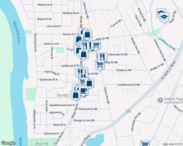 map of restaurants, bars, coffee shops, grocery stores, and more near 692 Bever Drive Northeast in Keizer