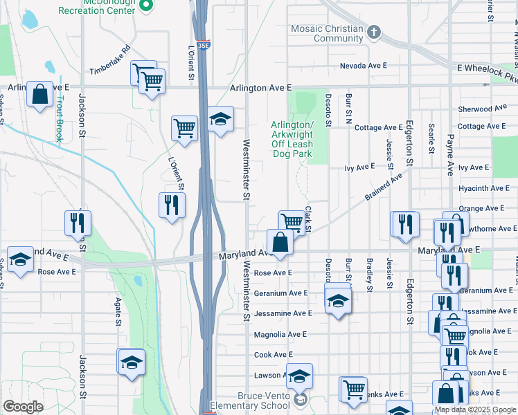map of restaurants, bars, coffee shops, grocery stores, and more near 1260 Westminster Street in Saint Paul