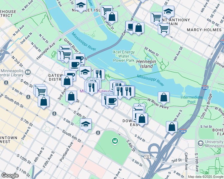 map of restaurants, bars, coffee shops, grocery stores, and more near 600 South 2nd Street in Minneapolis