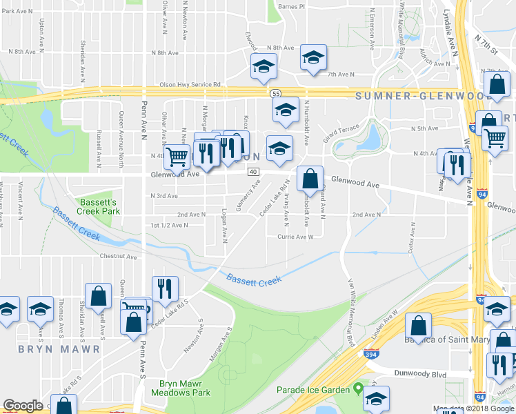 map of restaurants, bars, coffee shops, grocery stores, and more near 203 Cedar Lake Road North in Minneapolis