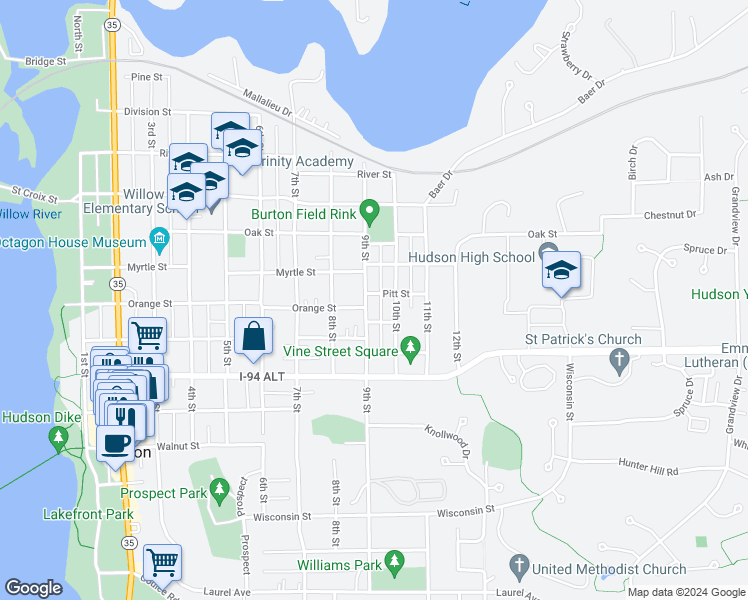 map of restaurants, bars, coffee shops, grocery stores, and more near 824 Orange Street in Hudson