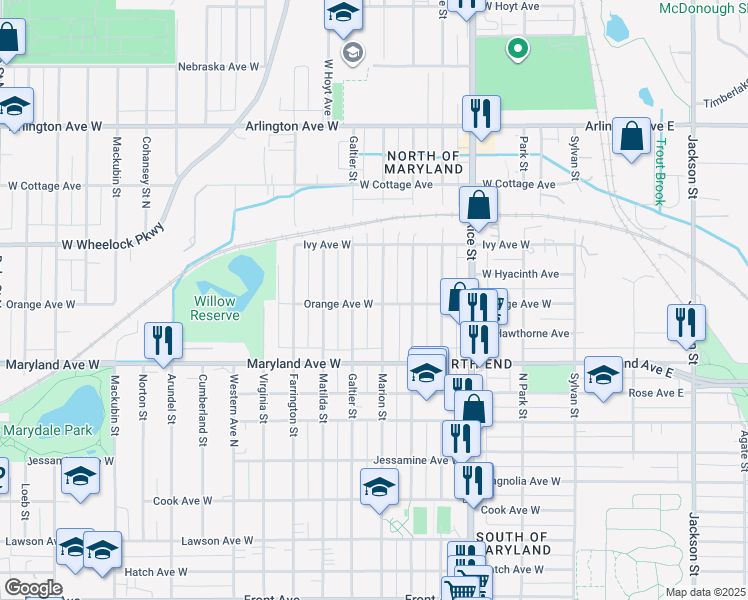 map of restaurants, bars, coffee shops, grocery stores, and more near 1258 Marion Street in Saint Paul