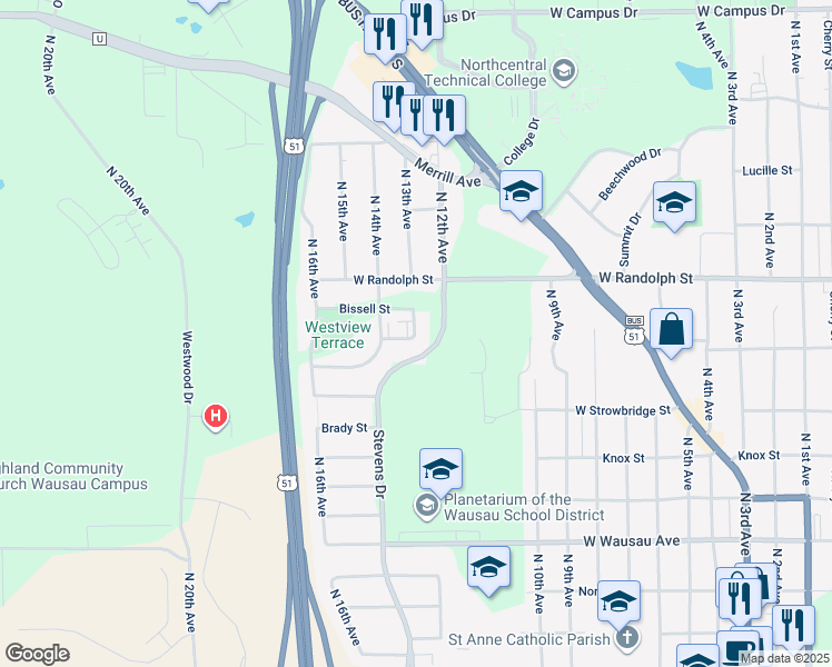 map of restaurants, bars, coffee shops, grocery stores, and more near 1313 Rose Marie Street in Wausau