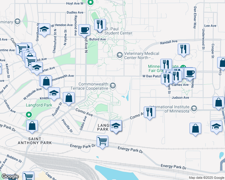 map of restaurants, bars, coffee shops, grocery stores, and more near 1250 Fifield Avenue in Falcon Heights