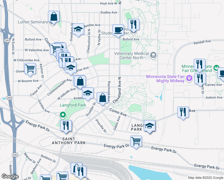 map of restaurants, bars, coffee shops, grocery stores, and more near 1267 Raymond Avenue in Saint Paul