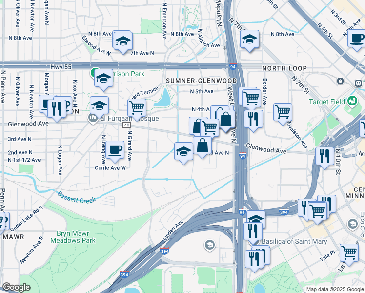 map of restaurants, bars, coffee shops, grocery stores, and more near 1010 2nd Avenue North in Minneapolis
