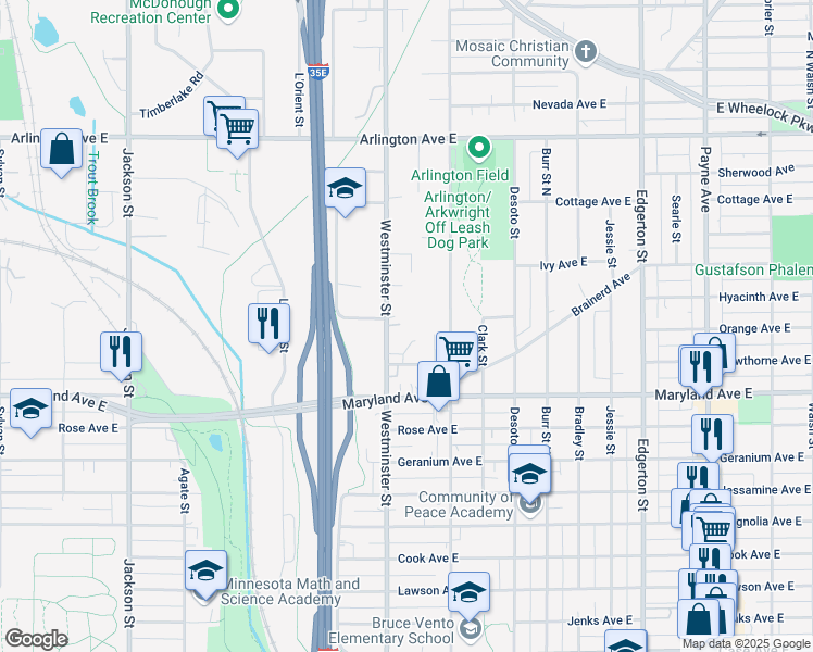 map of restaurants, bars, coffee shops, grocery stores, and more near 1280 Westminster Street in Saint Paul