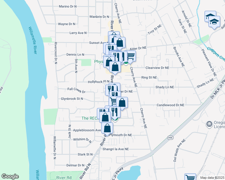 map of restaurants, bars, coffee shops, grocery stores, and more near 3663 River Road North in Keizer