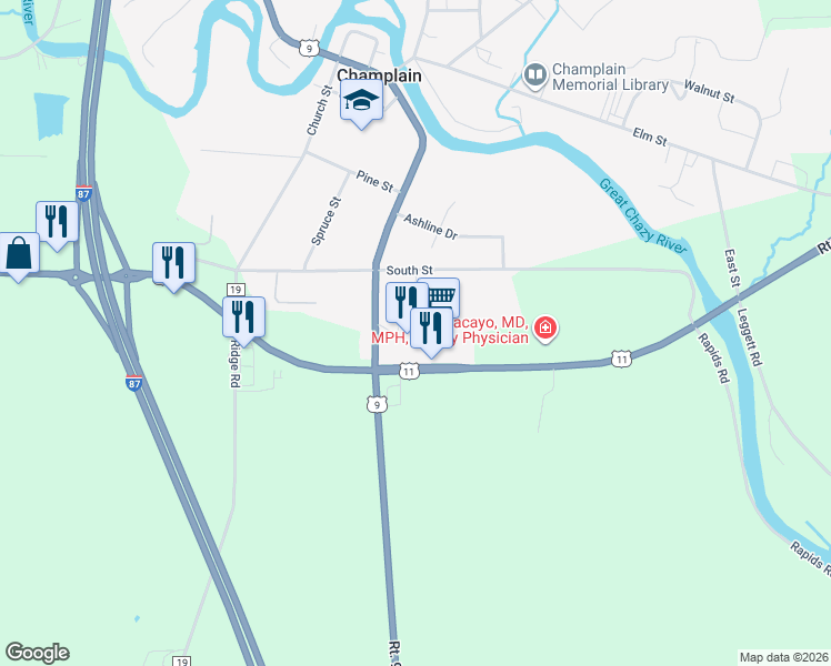 map of restaurants, bars, coffee shops, grocery stores, and more near 880 U.S. 11 in Champlain