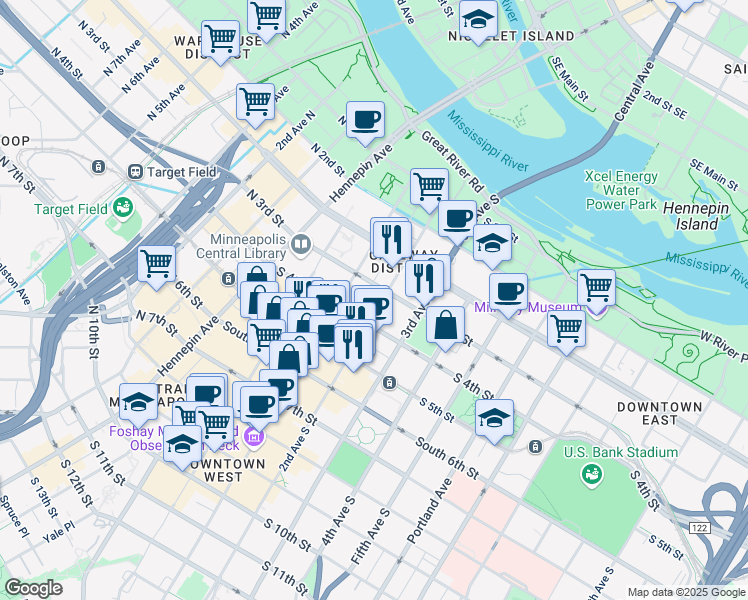 map of restaurants, bars, coffee shops, grocery stores, and more near 330 2nd Avenue South in Minneapolis
