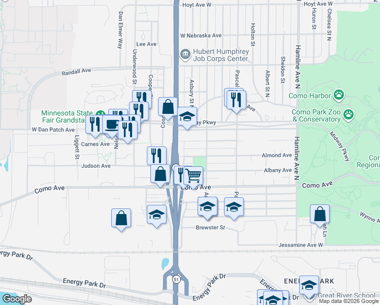 map of restaurants, bars, coffee shops, grocery stores, and more near 1564 Almond Avenue in Saint Paul
