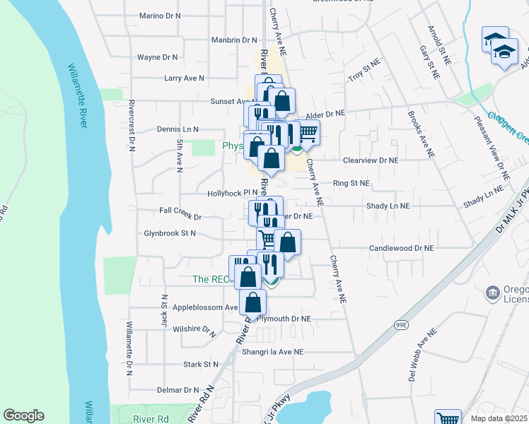 map of restaurants, bars, coffee shops, grocery stores, and more near 3663 River Road North in Keizer