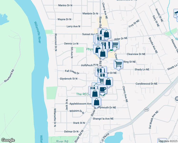 map of restaurants, bars, coffee shops, grocery stores, and more near 328 Lost Creek Court North in Keizer