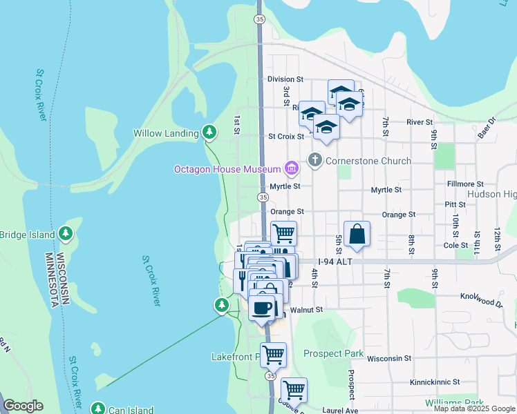 map of restaurants, bars, coffee shops, grocery stores, and more near 821 2nd Street in Hudson
