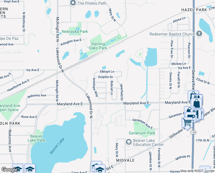 map of restaurants, bars, coffee shops, grocery stores, and more near 1243 Bobcat Lane in Maplewood