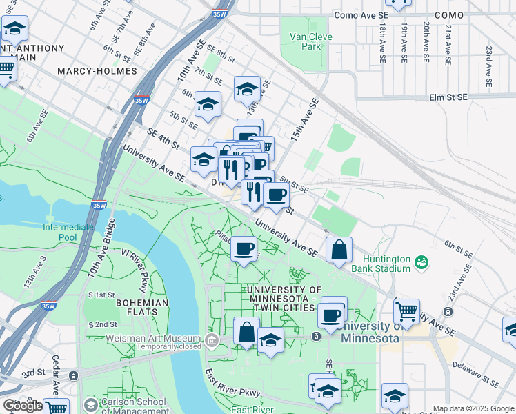 map of restaurants, bars, coffee shops, grocery stores, and more near 1521 University Avenue Southeast in Minneapolis