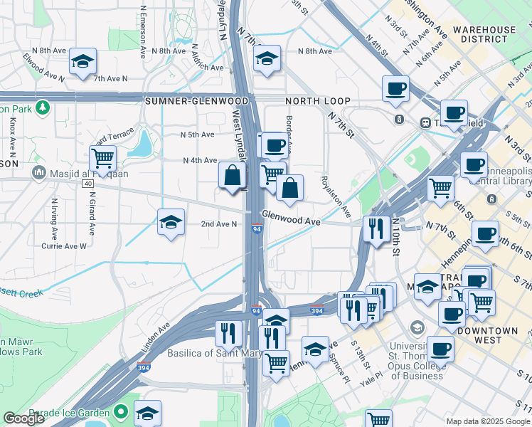 map of restaurants, bars, coffee shops, grocery stores, and more near 379 Glenwood Avenue in Minneapolis