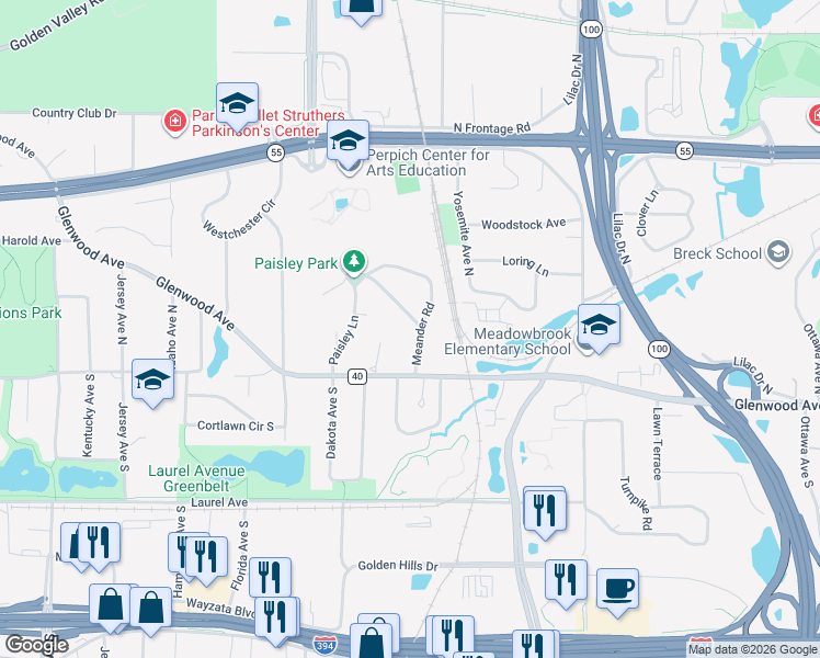 map of restaurants, bars, coffee shops, grocery stores, and more near 70 Brunswick Avenue South in Golden Valley