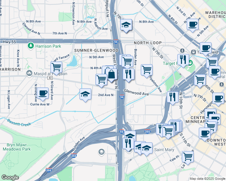 map of restaurants, bars, coffee shops, grocery stores, and more near 216 West Lyndale Ave N in Minneapolis