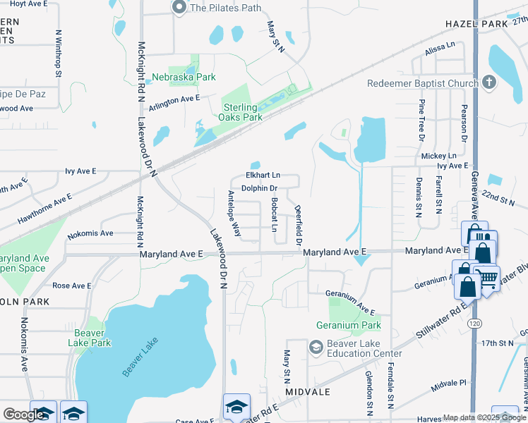 map of restaurants, bars, coffee shops, grocery stores, and more near 1243 Bobcat Lane in Maplewood