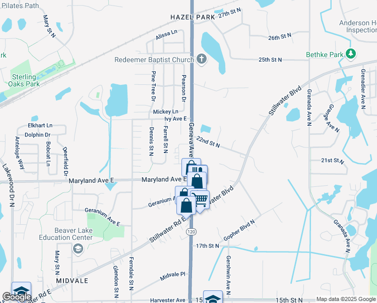 map of restaurants, bars, coffee shops, grocery stores, and more near 1247 Century Avenue North in Maplewood