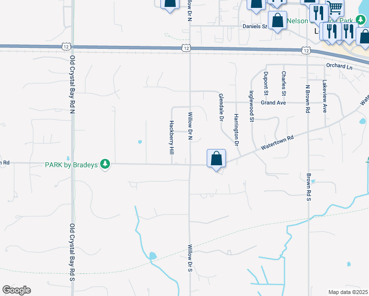 map of restaurants, bars, coffee shops, grocery stores, and more near 51 Willow Drive North in Long Lake