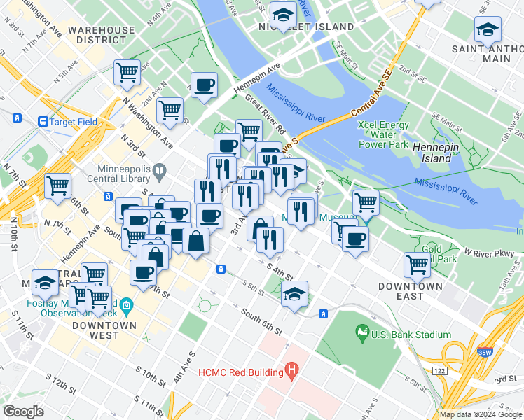 map of restaurants, bars, coffee shops, grocery stores, and more near 301 South Washington Avenue in Minneapolis
