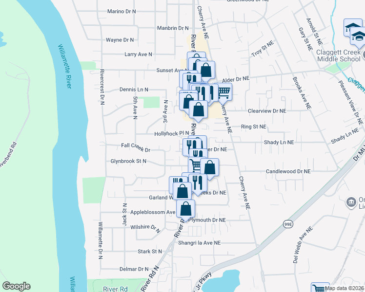 map of restaurants, bars, coffee shops, grocery stores, and more near 3661 River Road North in Keizer