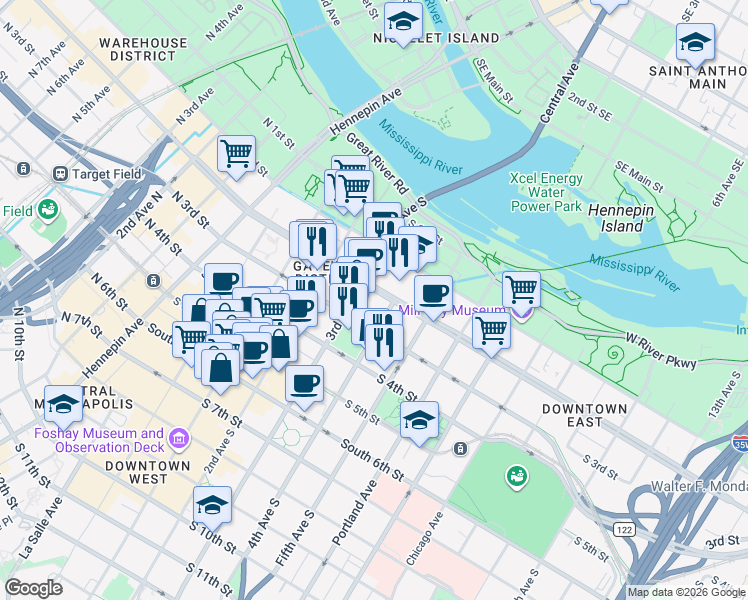 map of restaurants, bars, coffee shops, grocery stores, and more near 312 South 3rd Street in Minneapolis