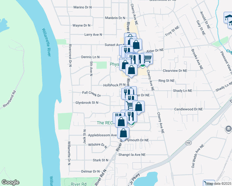 map of restaurants, bars, coffee shops, grocery stores, and more near 356 Lost Creek Court North in Keizer