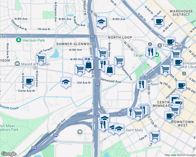 map of restaurants, bars, coffee shops, grocery stores, and more near 379 Glenwood Avenue in Minneapolis