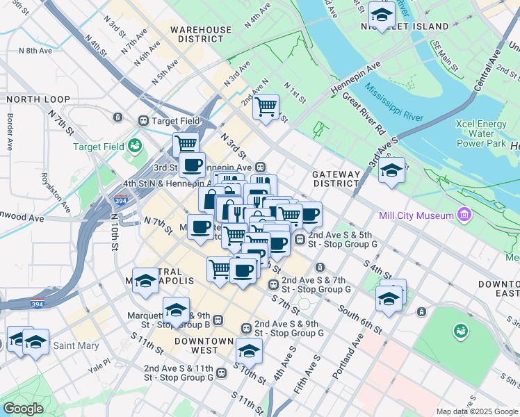 map of restaurants, bars, coffee shops, grocery stores, and more near 401 Nicollet Mall in Minneapolis