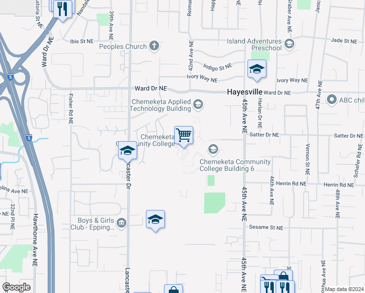 map of restaurants, bars, coffee shops, grocery stores, and more near 4000 Lancaster Drive Northeast in Salem