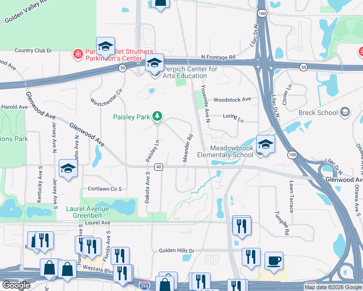map of restaurants, bars, coffee shops, grocery stores, and more near 70 Brunswick Avenue South in Golden Valley