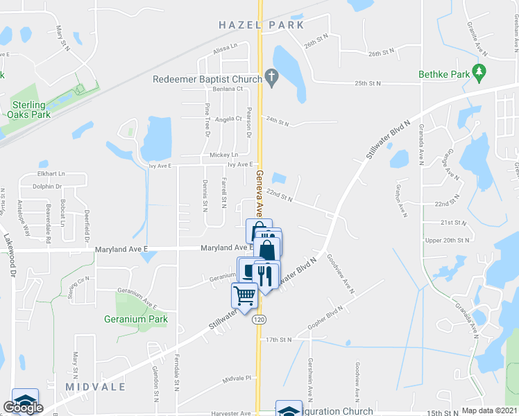 map of restaurants, bars, coffee shops, grocery stores, and more near 1237 Geneva Avenue North in Maplewood
