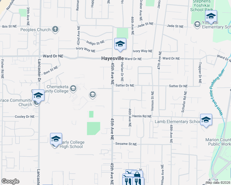 map of restaurants, bars, coffee shops, grocery stores, and more near 4170 45th Avenue Northeast in Salem