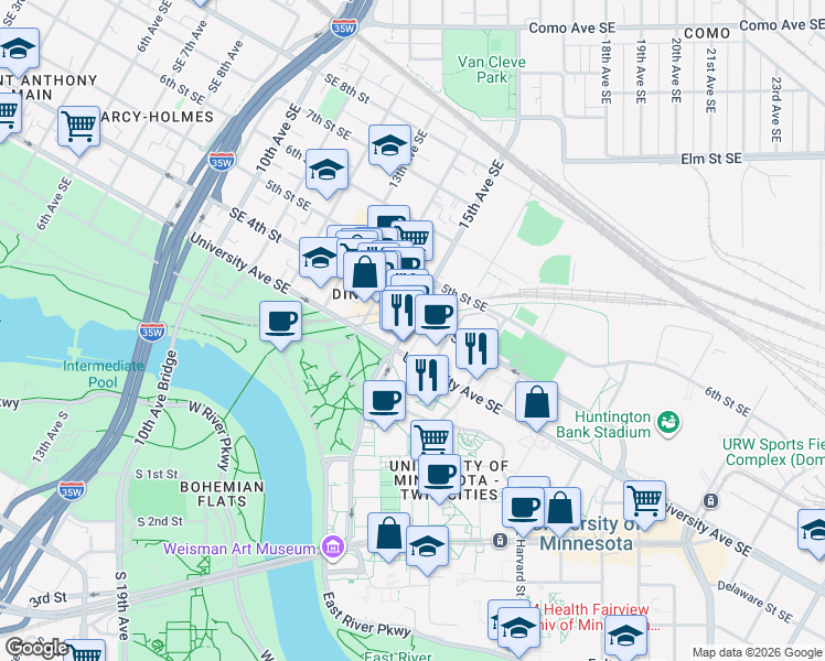 map of restaurants, bars, coffee shops, grocery stores, and more near 310 15th Avenue Southeast in Minneapolis