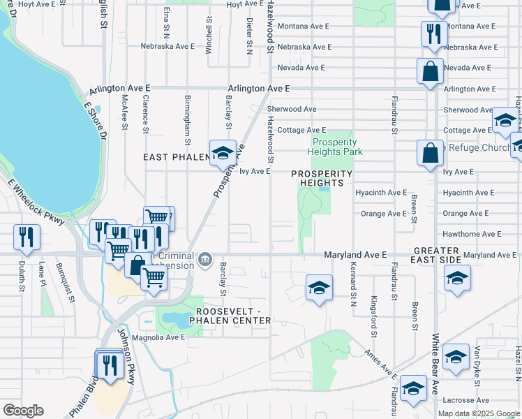 map of restaurants, bars, coffee shops, grocery stores, and more near 1250 Barclay Street in Saint Paul