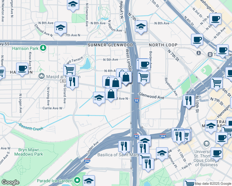 map of restaurants, bars, coffee shops, grocery stores, and more near 811 Glenwood Avenue in Minneapolis