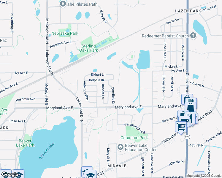 map of restaurants, bars, coffee shops, grocery stores, and more near 1227-1243 Deerfield Drive in Maplewood