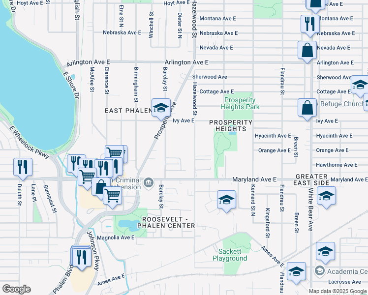 map of restaurants, bars, coffee shops, grocery stores, and more near 1250 Barclay Street in Saint Paul